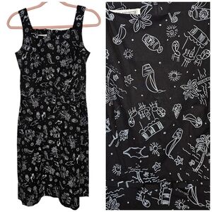 90s Vintage Novelty Print Beach Vaca Palm Tree Boat Nautical Square Neck Dress